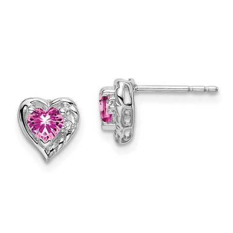 14k White Gold Created Pink Sapphire and Diamond Heart Earrings-WBC-EM7027-CPS-001-WA