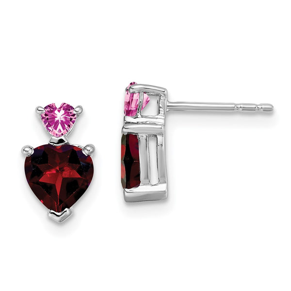 14k White Gold Garnet and Cr. Pink Sapphire Heart Earrings-WBC-EM7076-GA/CPS-W