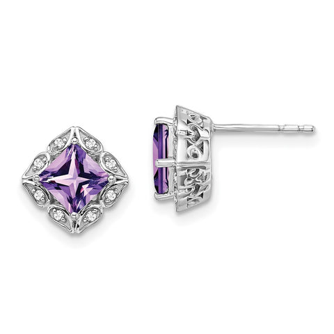 14k White Gold Square Amethyst and Diamond Earrings-WBC-EM7082-AM-008-WA