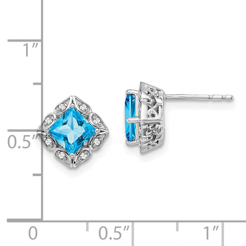 14k White Gold Square Blue Topaz and Diamond Earrings-WBC-EM7082-BT-008-WA