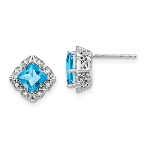 14k White Gold Square Blue Topaz and Diamond Earrings-WBC-EM7082-BT-008-WA