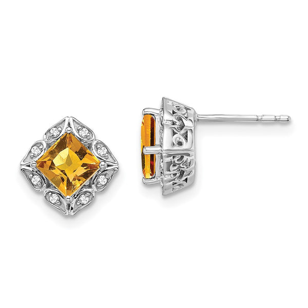 14k White Gold Square Citrine and Diamond Earrings-WBC-EM7082-CI-008-WA