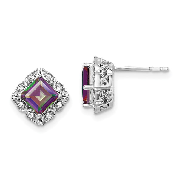 14k White Gold Square Mystic Fire Topaz and Diamond Earrings-WBC-EM7082-FT-008-WA