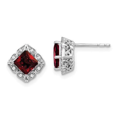 14k White Gold Square Garnet and Diamond Earrings-WBC-EM7082-GA-008-WA