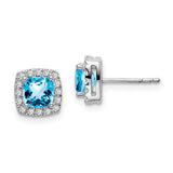 14k White Gold Cushion Blue Topaz and Diamond Halo Earrings-WBC-EM7084-BT-019-WA