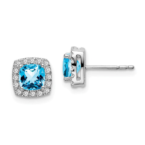 14k White Gold Cushion Blue Topaz and Diamond Halo Earrings-WBC-EM7084-BT-019-WA