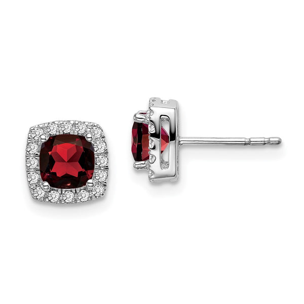 14k White Gold Cushion Garnet and Diamond Halo Earrings-WBC-EM7084-GA-019-WA