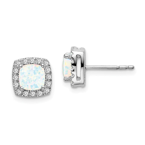 14k White Gold Cushion Created Opal and Diamond Halo Earrings-WBC-EM7084-OP-019-WA