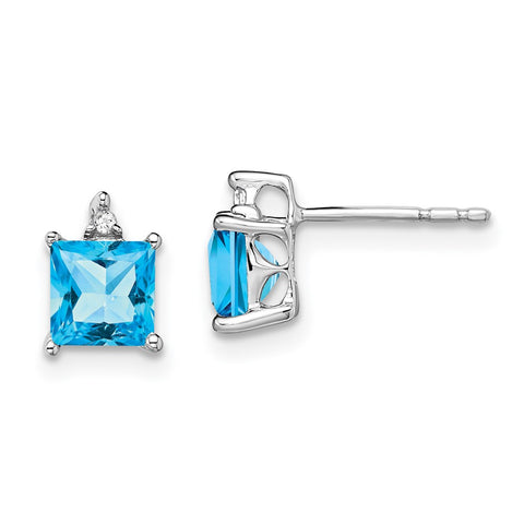 14k White Gold Princess Blue Topaz and Diamond Earrings-WBC-EM7085-BT-001-WA