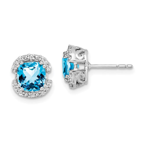 14k White Gold Cushion Blue Topaz and Diamond Halo Earrings-WBC-EM7087-BT-010-WA