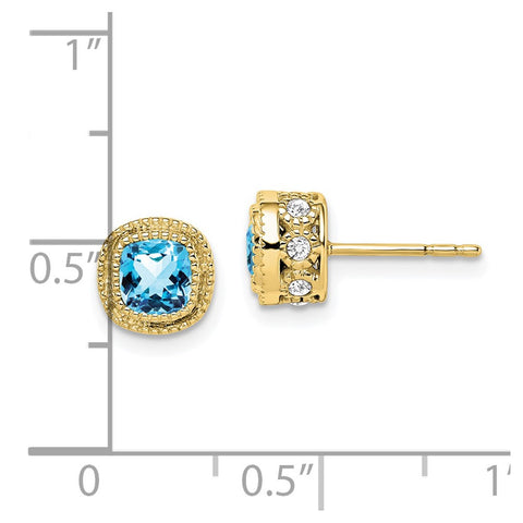 10k Cushion Blue Topaz and Diamond Earrings-WBC-EM7092-BT-019-1YA