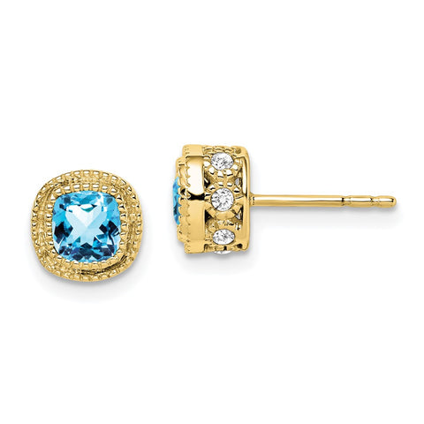 10k Cushion Blue Topaz and Diamond Earrings-WBC-EM7092-BT-019-1YA