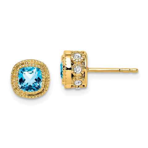 14k Cushion Blue Topaz and Diamond Earrings-WBC-EM7092-BT-019-YA