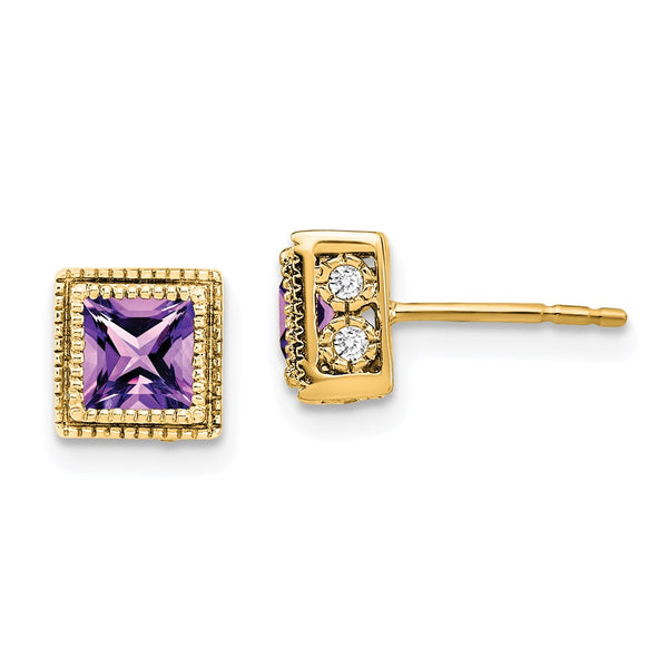 14k Square Amethyst and Diamond Earrings-WBC-EM7096-AM-016-YA