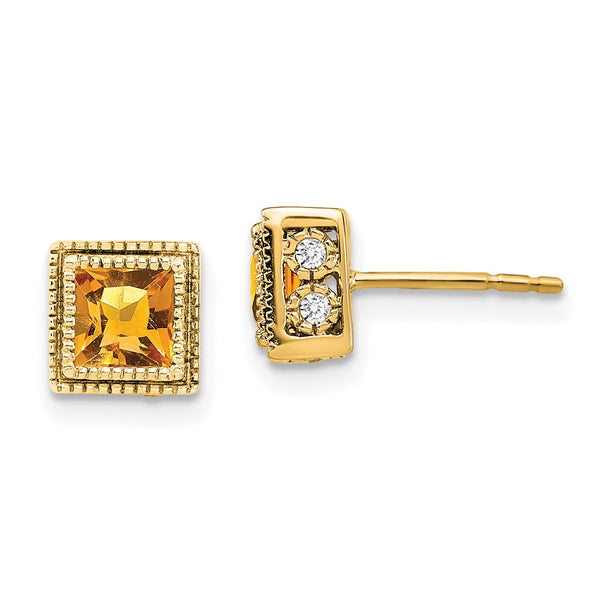 14k Square Citrine and Diamond Earrings-WBC-EM7096-CI-016-YA