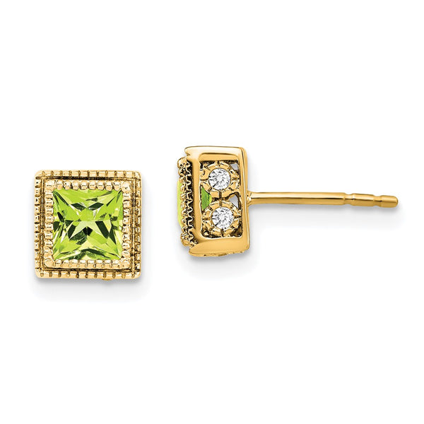 14k Square Peridot and Diamond Earrings-WBC-EM7096-PE-016-YA