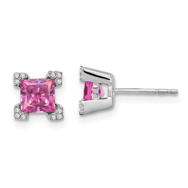 14k White Gold Square Created Pink Sapphire and Diamond Earrings-WBC-EM7103-CPS-007-WA