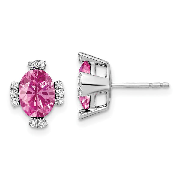 14k White Gold Oval Created Pink Sapphire and Diamond Earrings-WBC-EM7105-CPS-016-WA