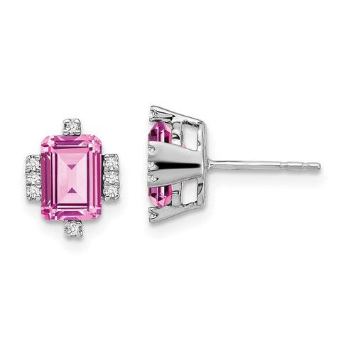 14k White Gold Emerald-shape Creat. Pink Sapphire/Diamond Earrings-WBC-EM7106-CPS-008-WA