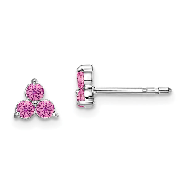 14k White Gold 3-stone Created Pink Sapphire Triangle Earrings-WBC-EM7119-CPS-W