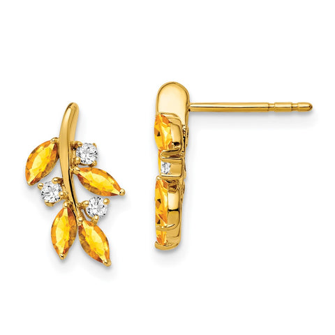 14k Citrine and Diamond Leaf Earrings-WBC-EM7127-CI-014-YA