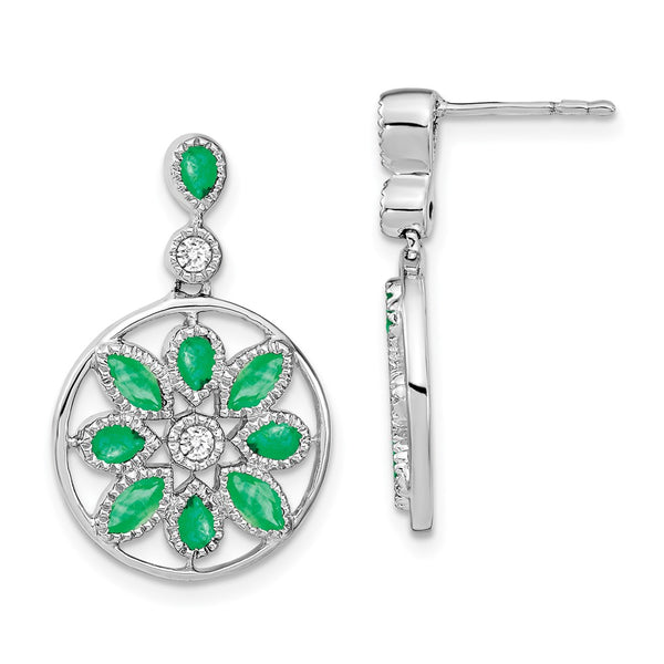 14k White Gold Emerald and Diamond Floral Dangle Earrings-WBC-EM7205-EM-012-WA