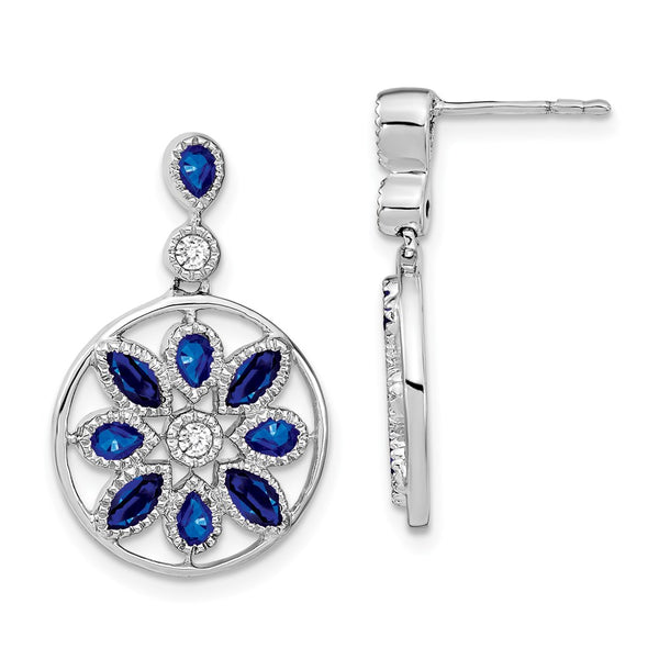 14k White Gold Sapphire and Diamond Floral Dangle Earrings-WBC-EM7205-SA-012-WA