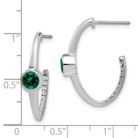 14k White Gold Created Emerald and Diamond J-Hoop Earrings-WBC-EM7213-EM-018-WA