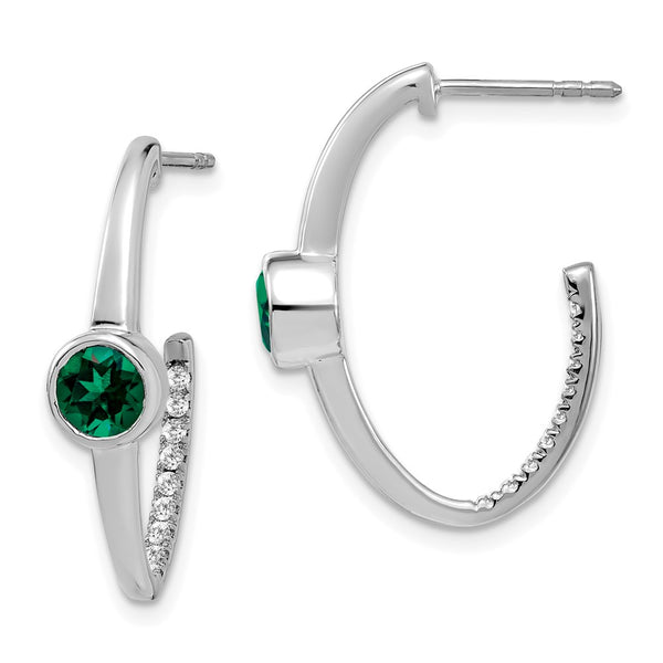 14k White Gold Created Emerald and Diamond J-Hoop Earrings-WBC-EM7213-EM-018-WA