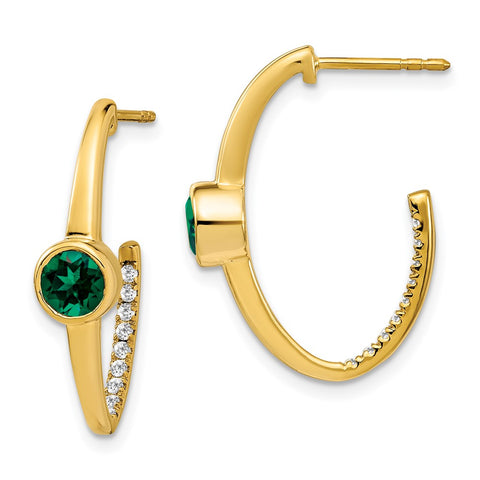 14k Created Emerald and Diamond J-Hoop Earrings-WBC-EM7213-EM-018-YA