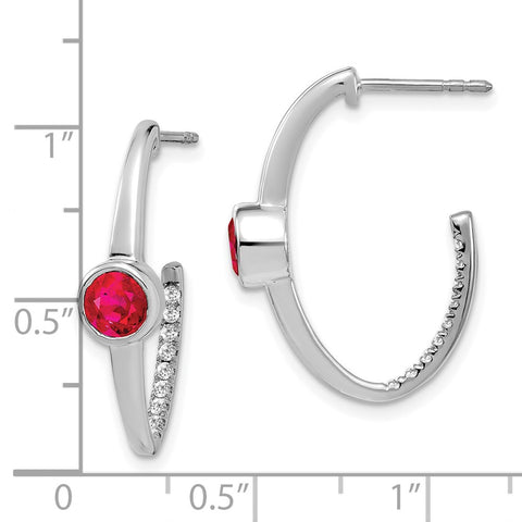 14k White Gold Created Ruby and Diamond J-Hoop Earrings-WBC-EM7213-RU-018-WA