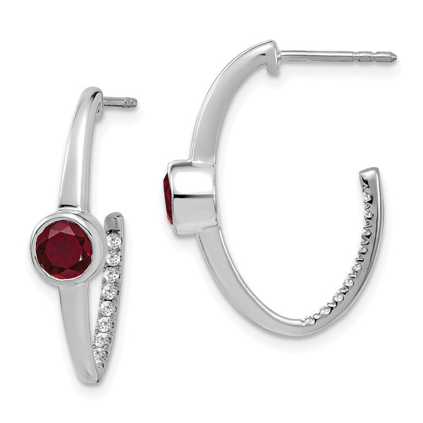 14k White Gold Created Ruby and Diamond J-Hoop Earrings-WBC-EM7213-RU-018-WA