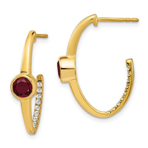 14k Created Ruby and Diamond J-Hoop Earrings-WBC-EM7213-RU-018-YA