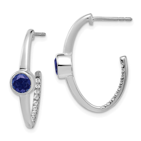 14k White Gold Created Sapphire and Diamond J-Hoop Earrings-WBC-EM7213-SA-018-WA