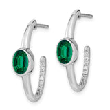 14k White Gold Oval Created Emerald and Diamond J-Hoop Earrings-WBC-EM7214-EM-018-WA