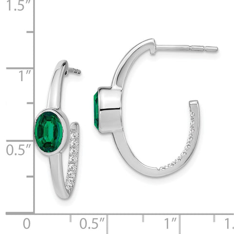 14k White Gold Oval Created Emerald and Diamond J-Hoop Earrings-WBC-EM7214-EM-018-WA