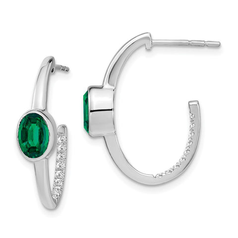 14k White Gold Oval Created Emerald and Diamond J-Hoop Earrings-WBC-EM7214-EM-018-WA