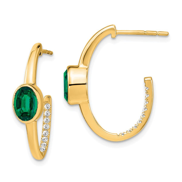 14k Oval Created Emerald and Diamond J-Hoop Earrings-WBC-EM7214-EM-018-YA