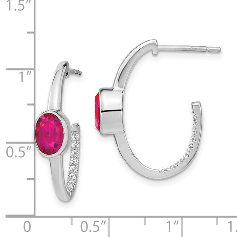 14k White Gold Oval Created Ruby and Diamond J-Hoop Earrings-WBC-EM7214-RU-018-WA