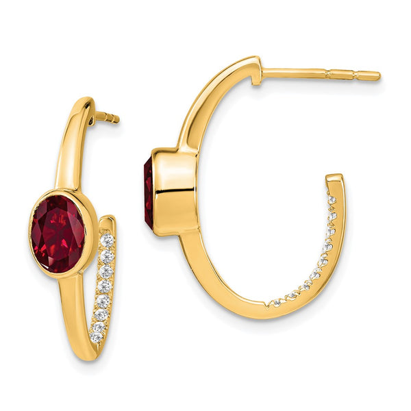 14k Oval Created Ruby and Diamond J-Hoop Earrings-WBC-EM7214-RU-018-YA