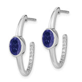 14k White Gold Oval Created Sapphire and Diamond J-Hoop Earrings-WBC-EM7214-SA-018-WA