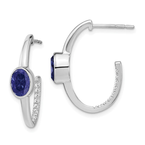 14k White Gold Oval Created Sapphire and Diamond J-Hoop Earrings-WBC-EM7214-SA-018-WA