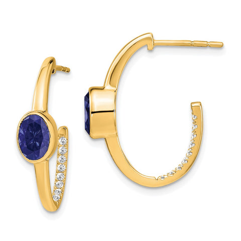 14k Oval Created Sapphire and Diamond J-Hoop Earrings-WBC-EM7214-SA-018-YA