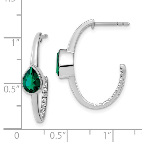 14k White Gold Pear Created Emerald and Diamond J-Hoop Earrings-WBC-EM7215-EM-018-WA