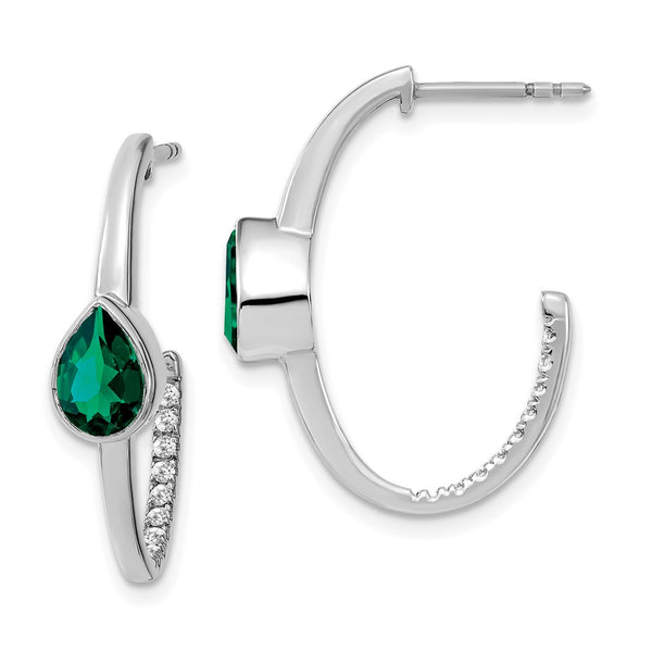 14k White Gold Pear Created Emerald and Diamond J-Hoop Earrings-WBC-EM7215-EM-018-WA