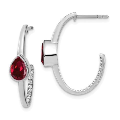 14k White Gold Pear Created Ruby and Diamond J-Hoop Earrings-WBC-EM7215-RU-018-WA