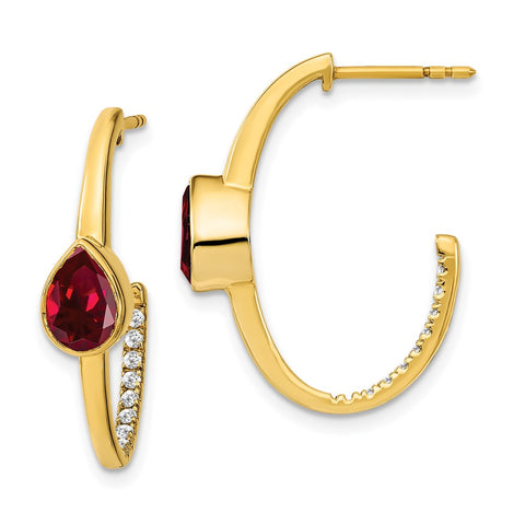 14k Pear Created Ruby and Diamond J-Hoop Earrings-WBC-EM7215-RU-018-YA