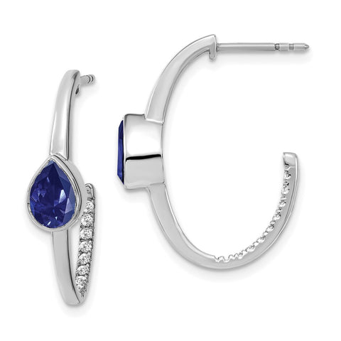 14k White Gold Pear Created Sapphire and Diamond J-Hoop Earrings-WBC-EM7215-SA-018-WA