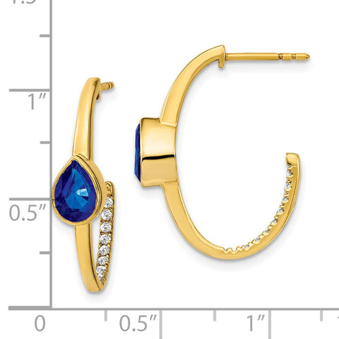 14k Pear Created Sapphire and Diamond J-Hoop Earrings-WBC-EM7215-SA-018-YA