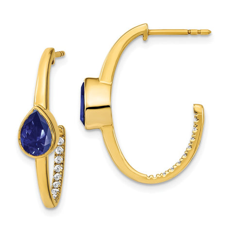 14k Pear Created Sapphire and Diamond J-Hoop Earrings-WBC-EM7215-SA-018-YA